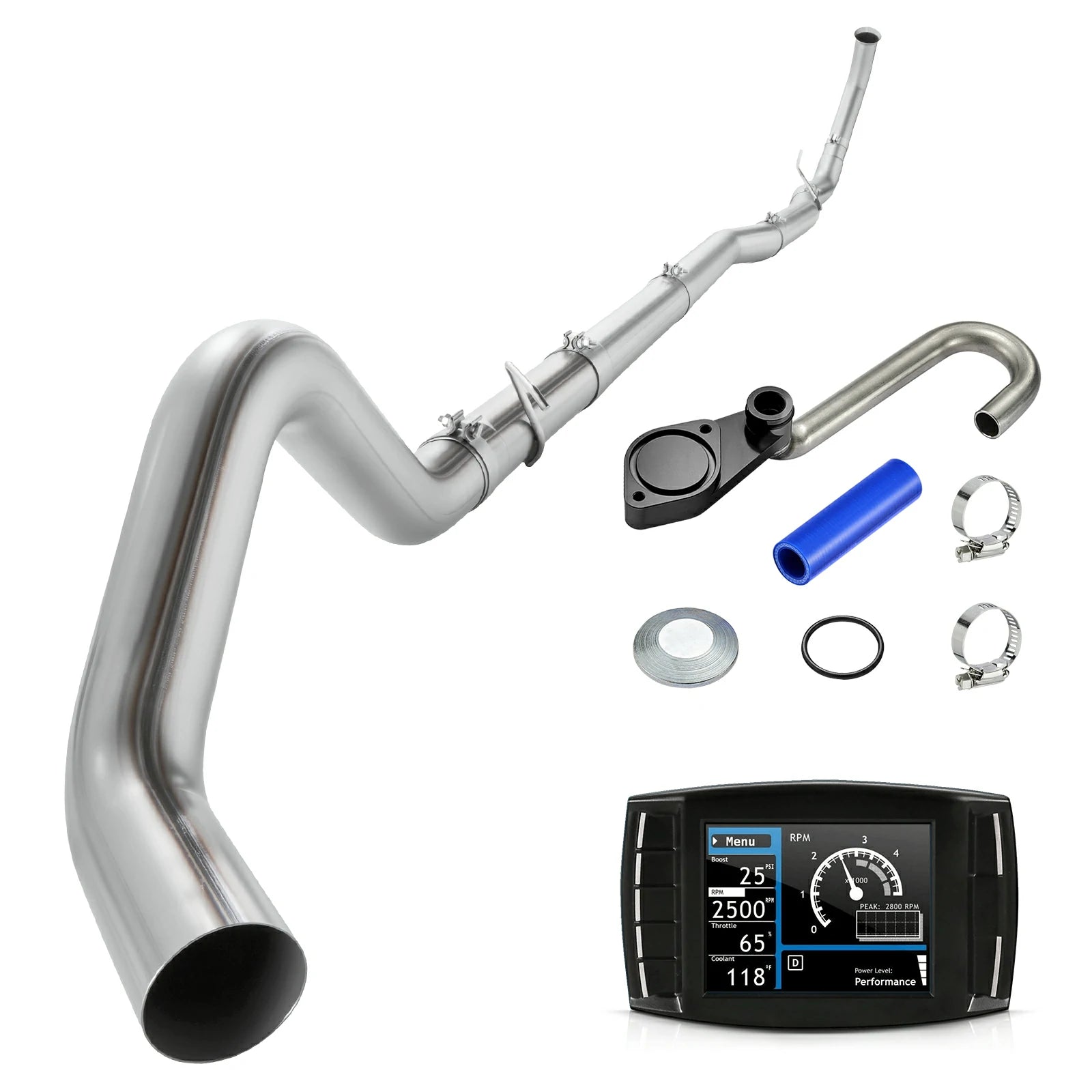 Turbo-back stainless exhaust pipe with black billet EGR delete plate kit and color-screen diesel tuner for 2003-2007 Ford F-250 F-350 6.0L Powerstroke