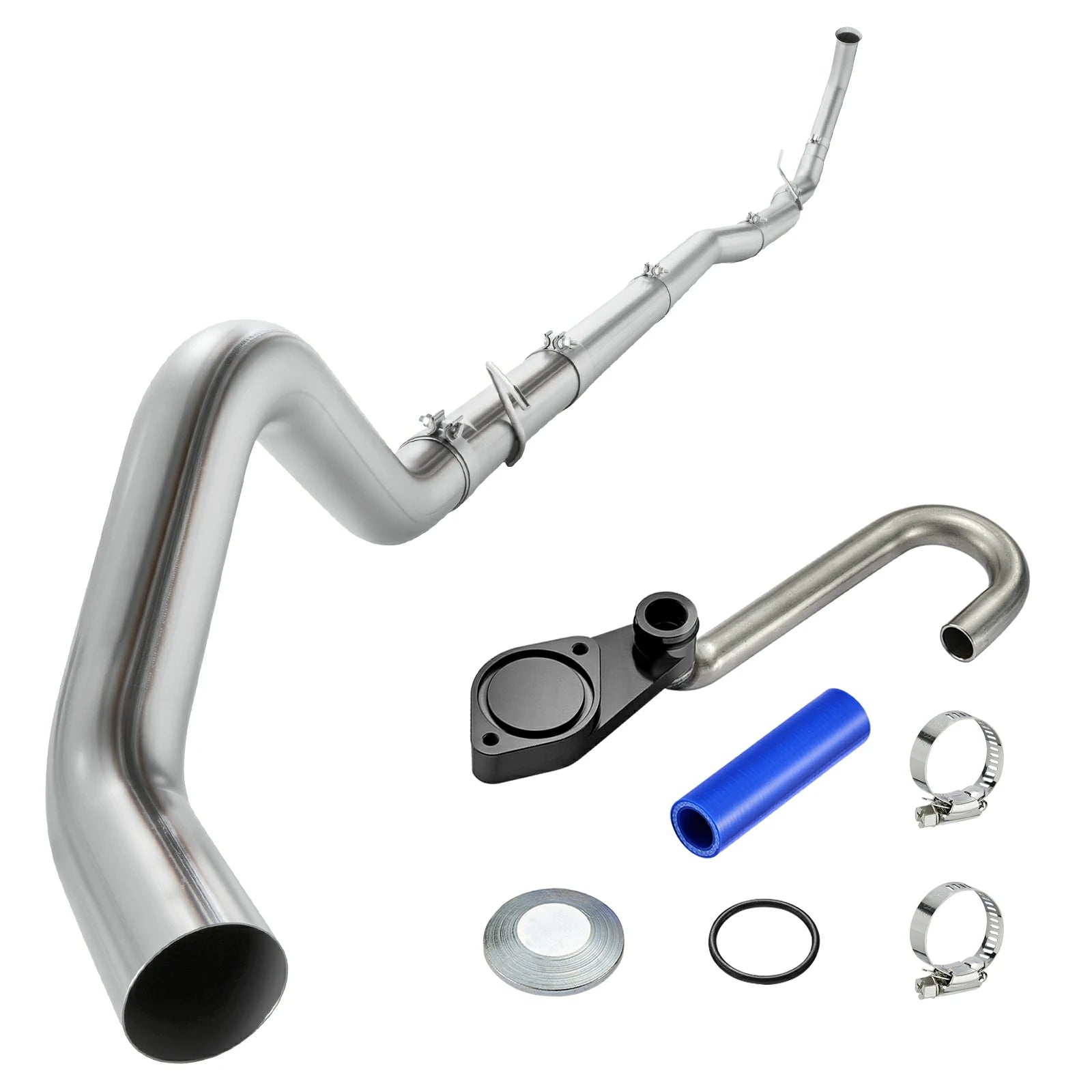 Sweep-bend polished turbo-back exhaust tube with black EGR delete plate, stainless U-tube and blue silicone hose for 2003-2007 Ford F-250 F-350 6.0L Powerstroke
