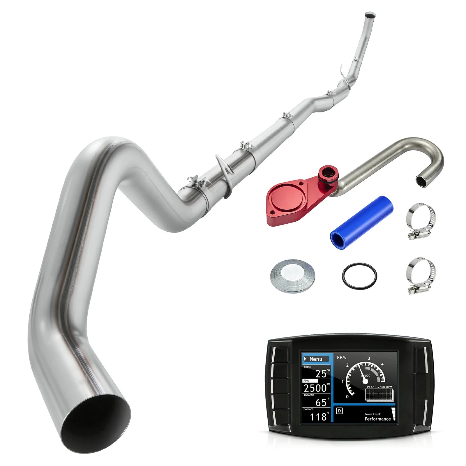 Polished turbo-back exhaust with red anodized EGR delete plate, blue silicone coupler, clamps and color-screen tuner for 2003-2007 Ford F-250 F-350 6.0L Powerstroke