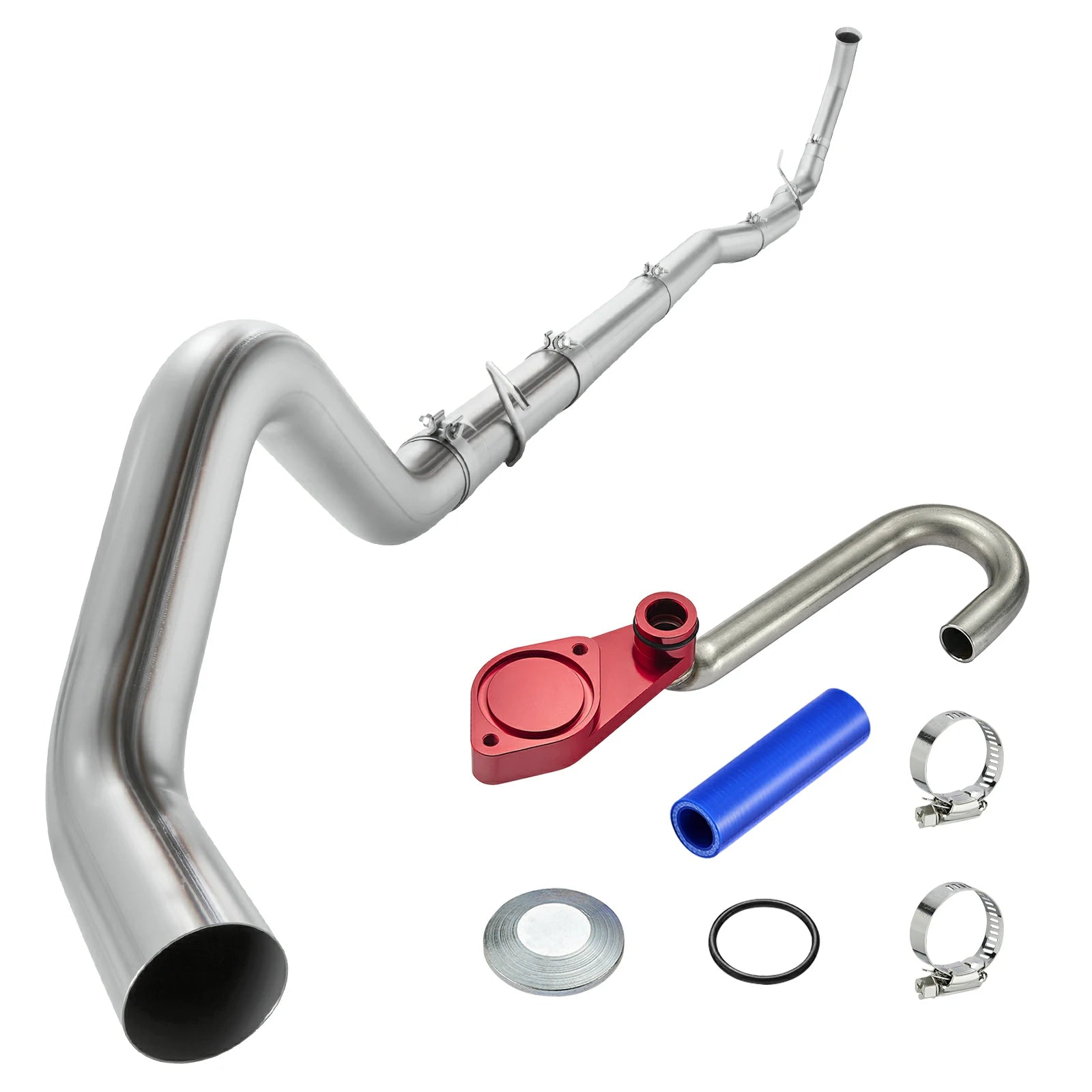 Stainless turbo-back exhaust tubing with red billet EGR delete plate, U-tube, silicone hose, blanking disc and O-ring for 2003-2007 Ford F-250 F-350 6.0L Powerstroke