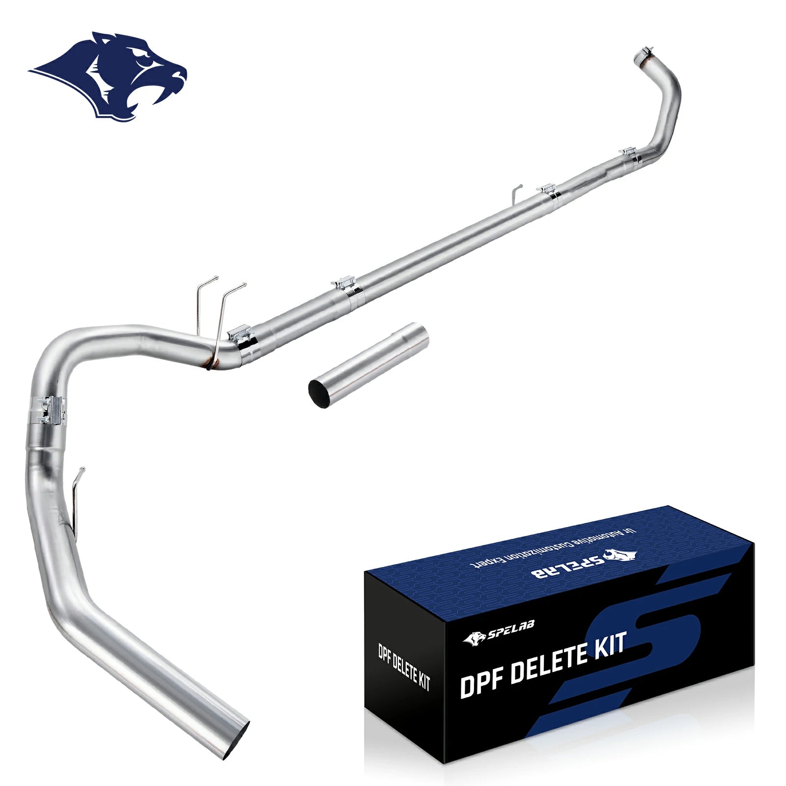 Bent stainless DPF delete pipe with flanged outlet, hanger tabs and a loose straight extension spool, for the 2011-2024 Ford 6.7L Powerstroke diesel.