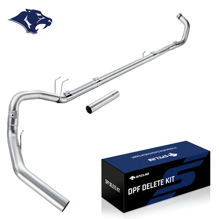 Bent stainless DPF delete pipe with flanged outlet, hanger tabs and a loose straight extension spool, for the 2011-2024 Ford 6.7L Powerstroke diesel.