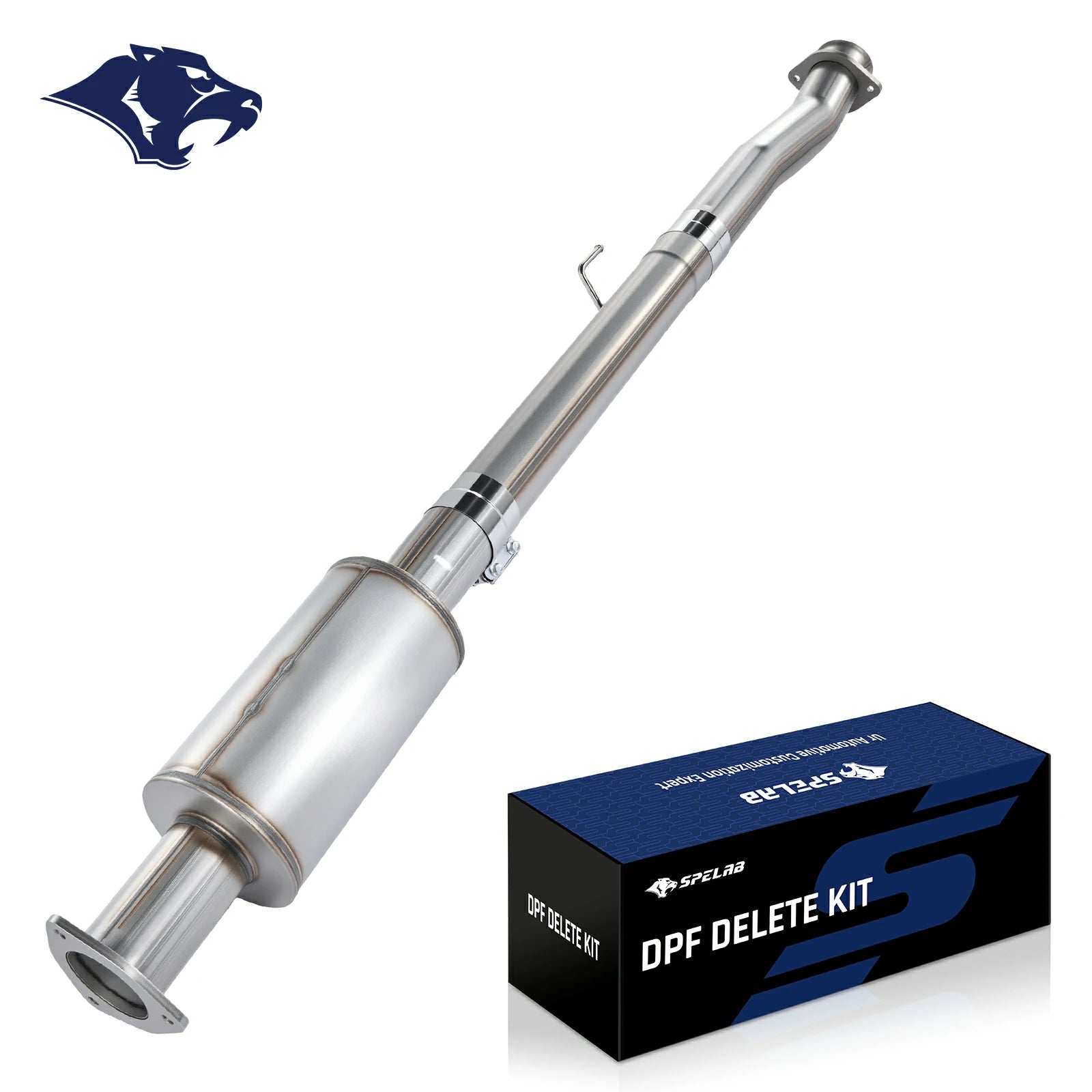 Stainless pipe with a large inline resonator canister, flanged ends, a band clamp and a hanger tab, for the 2011-2024 Ford 6.7L Powerstroke diesel.