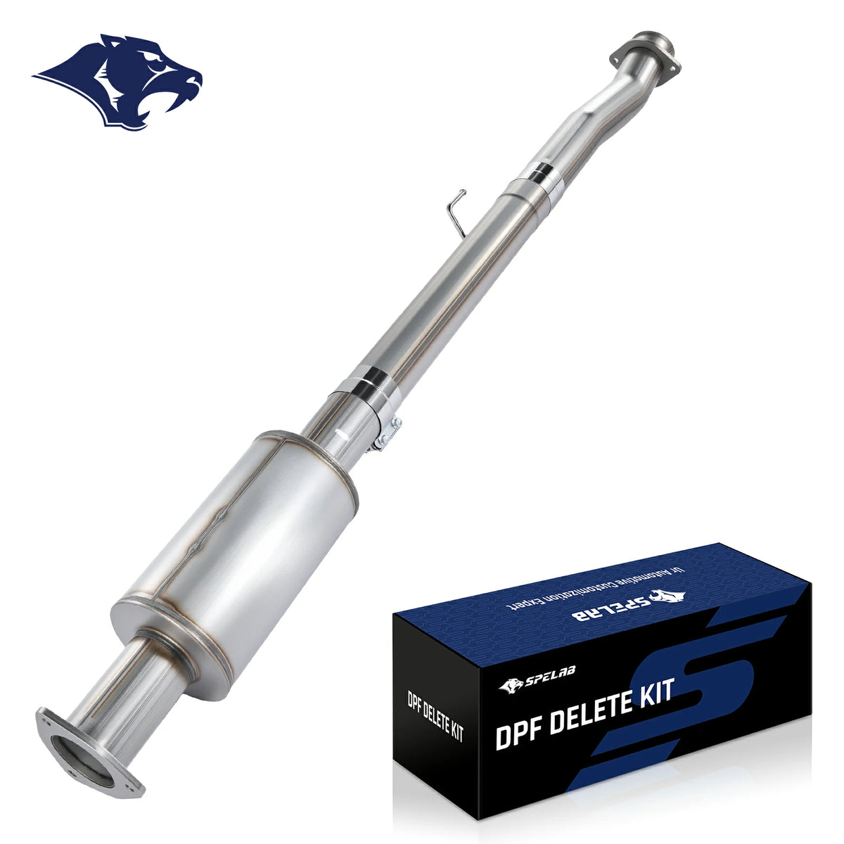 Stainless pipe with a large inline resonator canister, flanged ends, a band clamp and a hanger tab, for the 2011-2024 Ford 6.7L Powerstroke diesel.