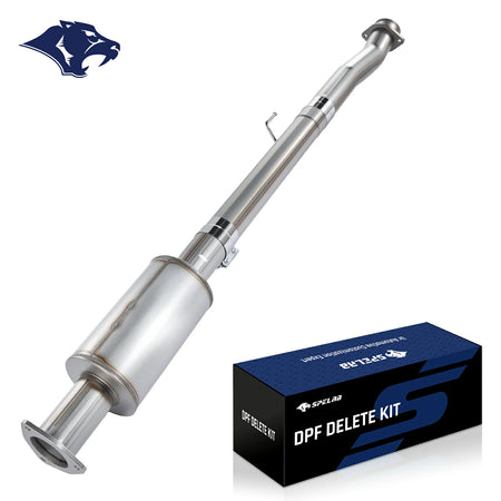 Stainless pipe with a large inline resonator canister, flanged ends, a band clamp and a hanger tab, for the 2011-2024 Ford 6.7L Powerstroke diesel.