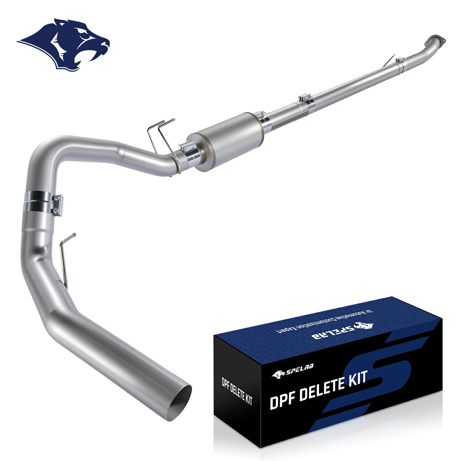 Bent stainless delete pipe with an inline resonator canister, flanged inlet, rod hangers and band clamps, for the 2011-2024 Ford 6.7L Powerstroke.