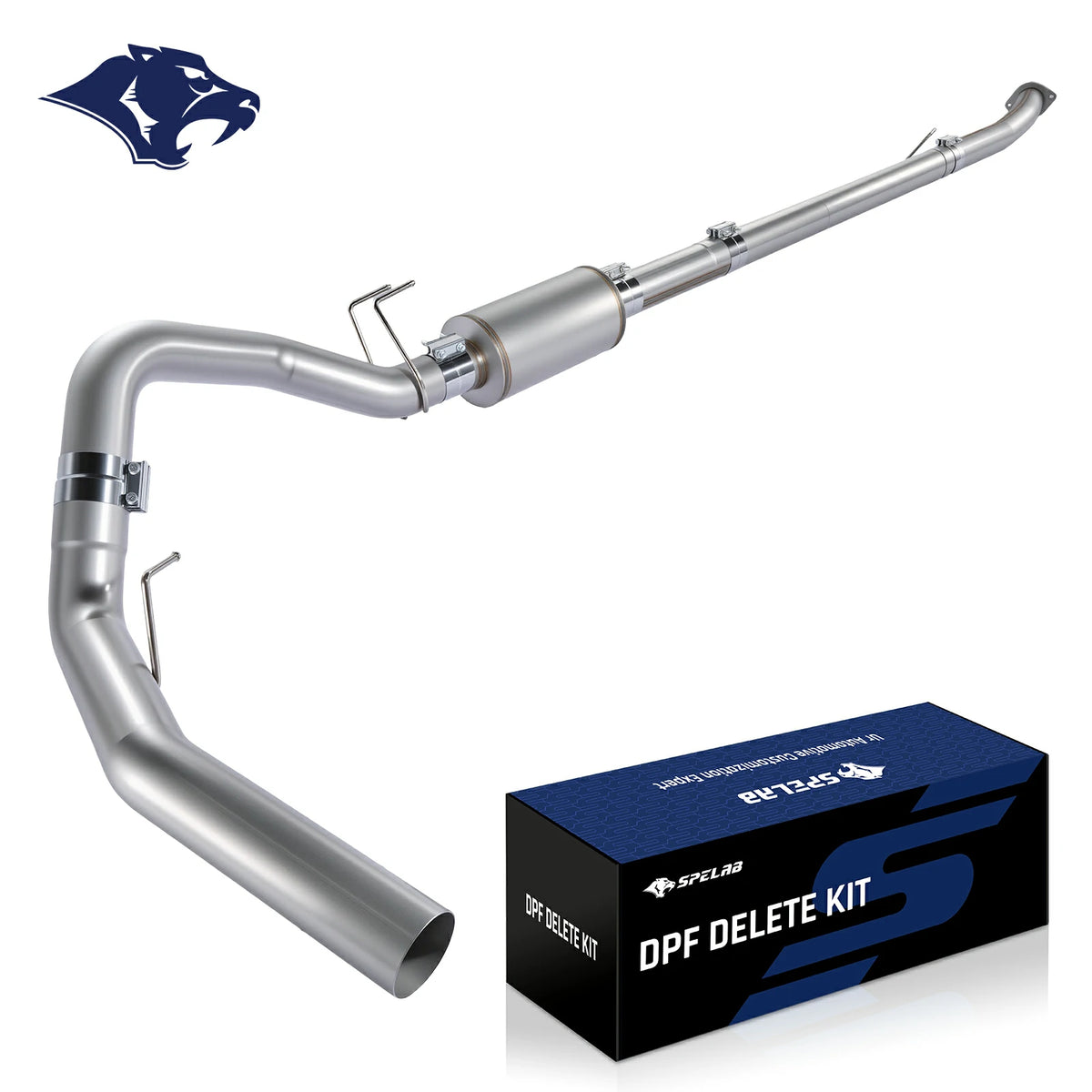 Bent stainless delete pipe with an inline resonator canister, flanged inlet, rod hangers and band clamps, for the 2011-2024 Ford 6.7L Powerstroke.
