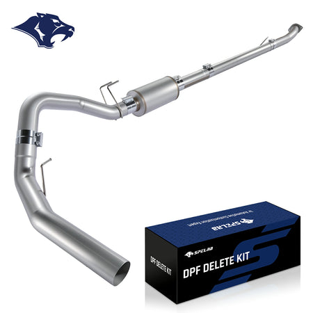 Bent stainless delete pipe with an inline resonator canister, flanged inlet, rod hangers and band clamps, for the 2011-2024 Ford 6.7L Powerstroke.