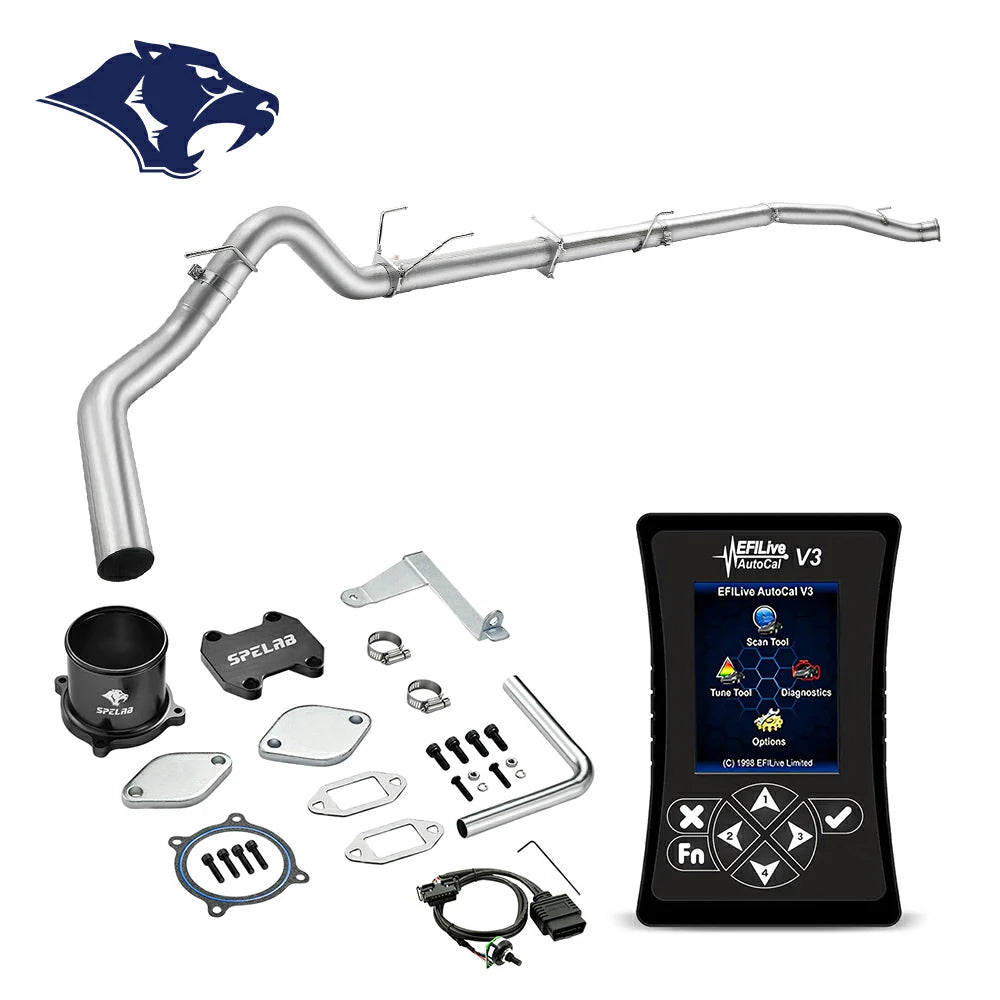 Long bent DPF delete downpipe section with multiple spring clamps, black EGR spacer and OBD cable, EFILive AutoCal V3 for 2007.5-2009 Dodge Ram 2500 3500 6.7L Cummins diesel
