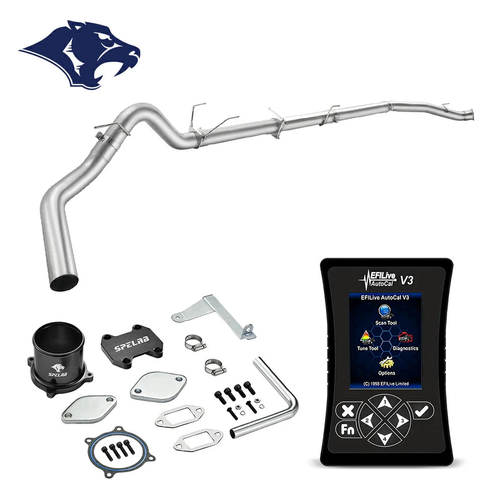 Multi-bend stainless DPF delete front pipe with spring hangers and clamp couplers, EFILive AutoCal V3 and EGR block-off kit for 2007.5-2009 Dodge Ram 2500 3500 6.7L diesel