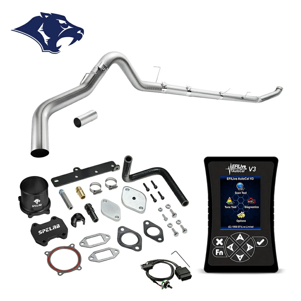 Long mandrel-bent exhaust pipe with flex bellows, billet aluminum coupler and rubber elbow hose, O2 sensor extension harness, EFI Live AutoCal V3 for 2013-2018 Dodge Ram 2500 3500 6.7L diesel
