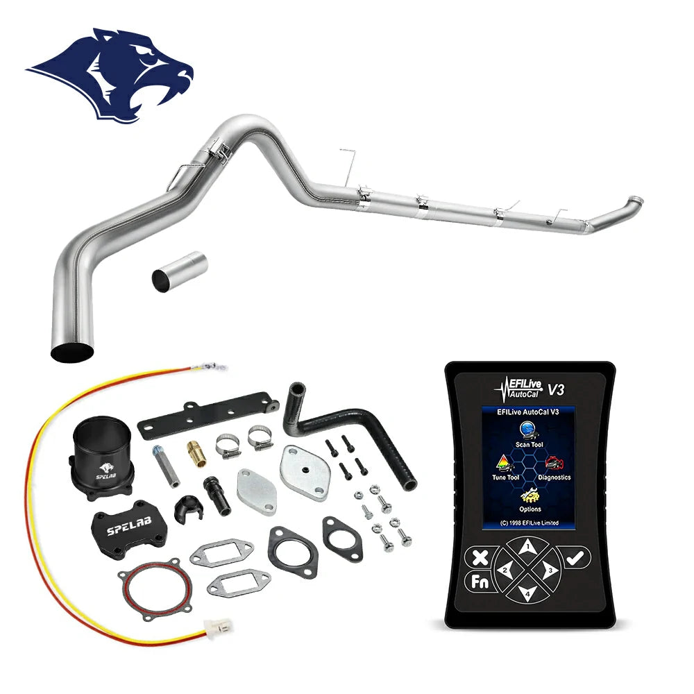 Long mandrel-bent exhaust pipe with flex bellows, billet aluminum coupler and rubber elbow hose, red and yellow pigtail wire, EFI Live AutoCal V3 for 2013-2018 Dodge Ram 2500 3500 6.7L diesel