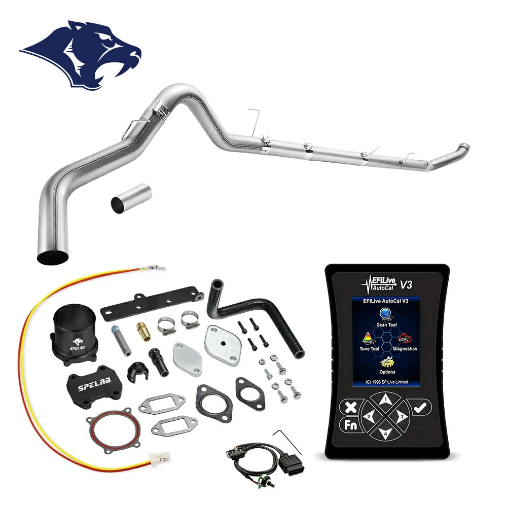 Long mandrel-bent exhaust pipe with flex bellows, billet aluminum coupler and rubber elbow hose, O2 harness and red-yellow pigtail wire, EFI Live AutoCal V3 for 2013-2018 Dodge Ram 2500 3500 6.7L diesel