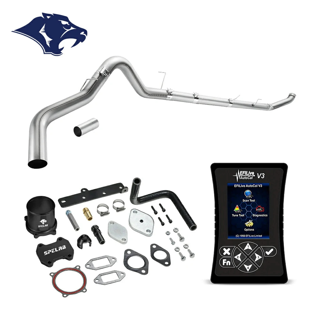 Long mandrel-bent exhaust pipe with flex bellows, billet aluminum coupler and rubber elbow hose, EFI Live AutoCal V3 for 2013-2018 Dodge Ram 2500 3500 6.7L diesel