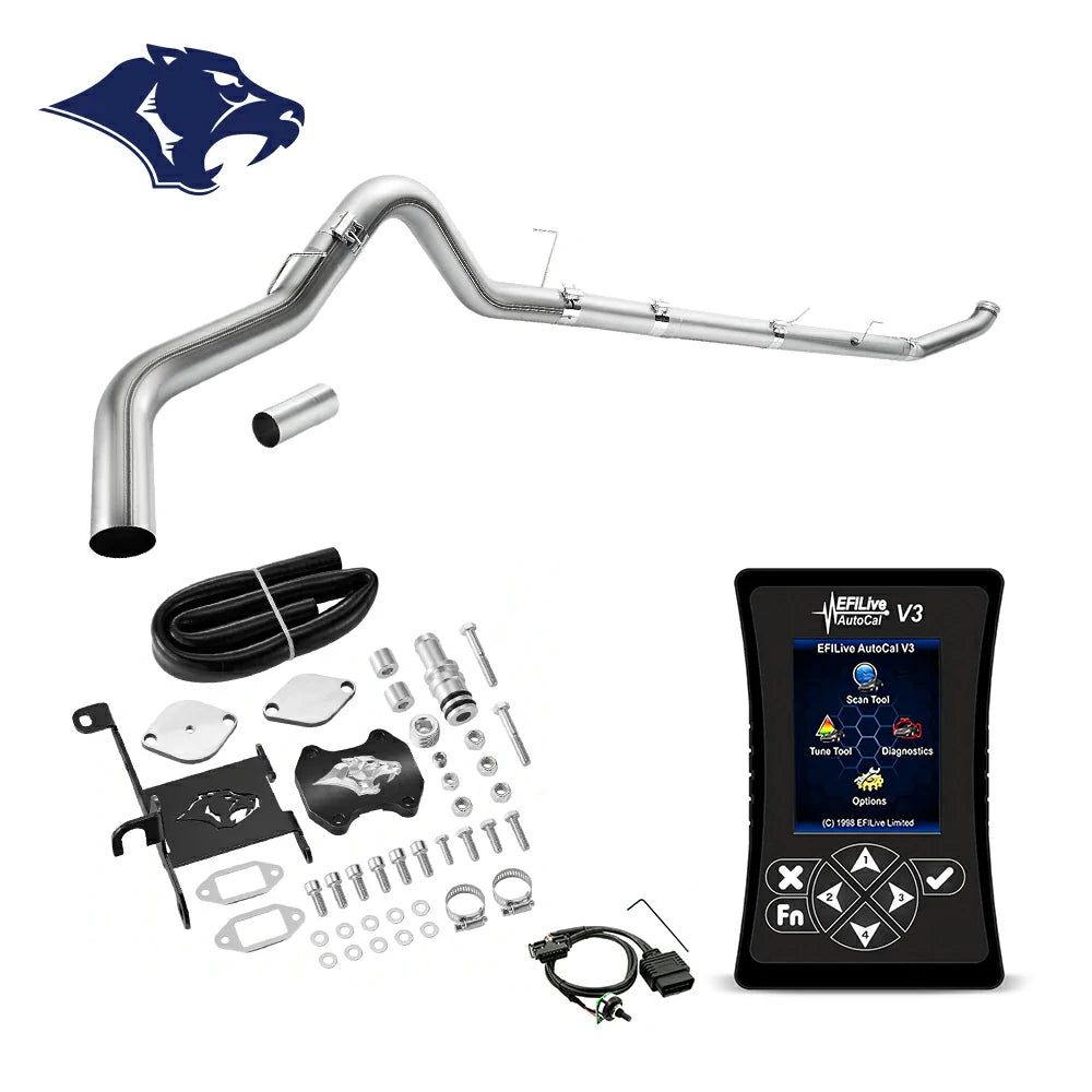Long mandrel-bent exhaust pipe with flex bellows, billet EGR cap, ram-logo bracket and coiled hose, O2 sensor extension harness, EFI Live AutoCal V3 for 2013-2018 Dodge Ram 2500 3500 6.7L diesel