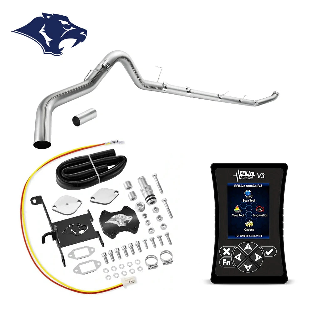 Long mandrel-bent exhaust pipe with flex bellows, billet EGR cap, ram-logo bracket and coiled hose, red and yellow pigtail wire, EFI Live AutoCal V3 for 2013-2018 Dodge Ram 2500 3500 6.7L diesel