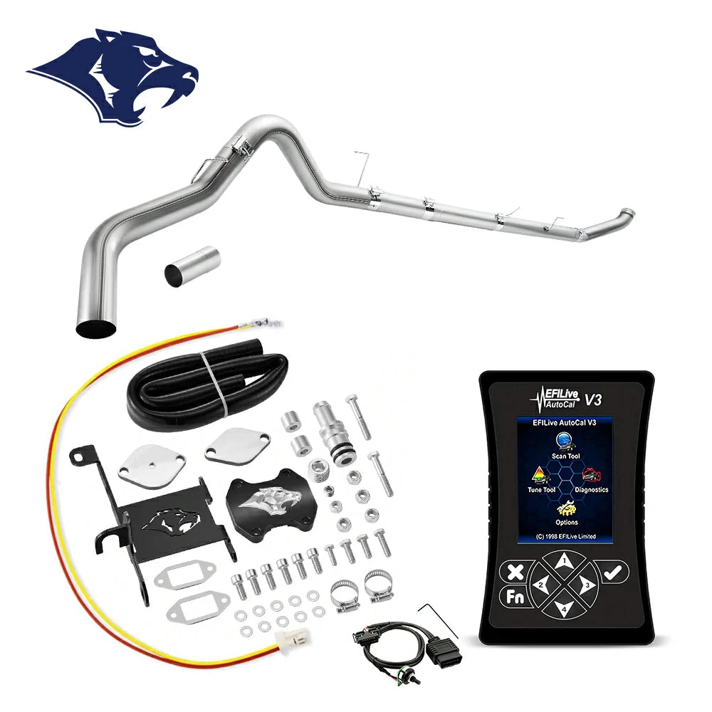 Long mandrel-bent exhaust pipe with flex bellows, billet EGR cap, bracket and coiled hose, O2 harness and red-yellow pigtail wire, EFI Live AutoCal V3 for 2013-2018 Dodge Ram 2500 3500 6.7L diesel