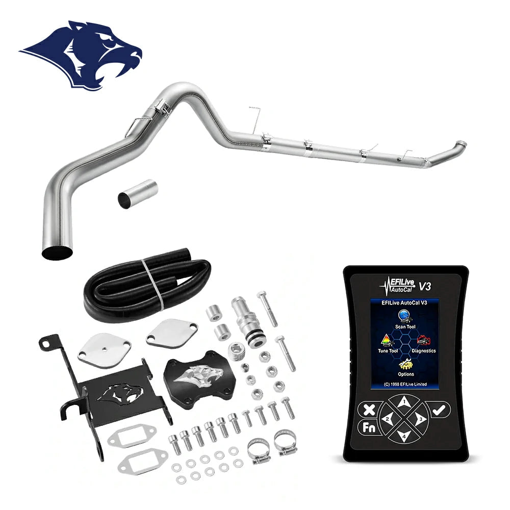 Long mandrel-bent exhaust pipe with flex bellows, billet EGR cap, ram-logo bracket and coiled hose, EFI Live AutoCal V3 for 2013-2018 Dodge Ram 2500 3500 6.7L diesel