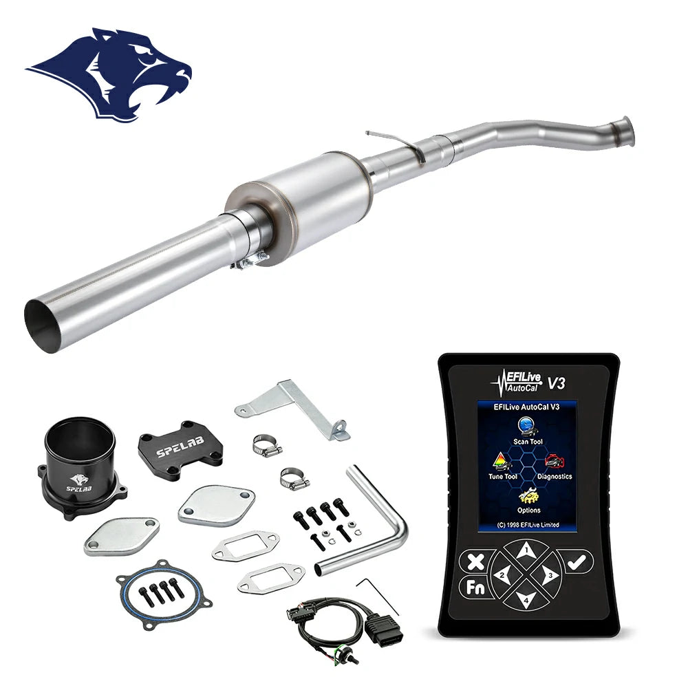 DPF delete exhaust pipe with integrated resonator and slip-fit joints, EFILive AutoCal V3 tuning device and OBDII cable for 2007.5-2009 Dodge Ram 2500 3500 6.7L Cummins diesel