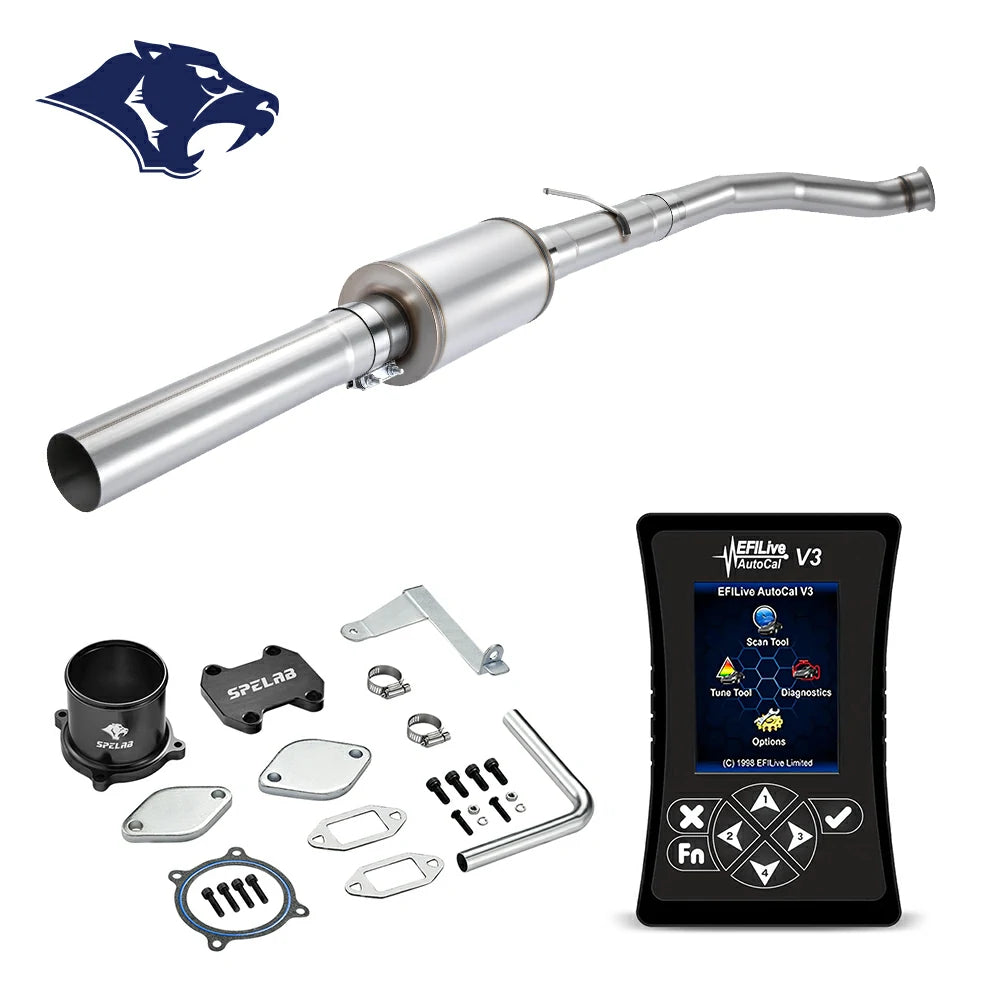 Resonated stainless steel DPF delete mid-pipe with inline canister and clamp, SPELAR EGR delete hardware and EFILive AutoCal V3 scan tool for 2007.5-2009 Dodge Ram 2500 3500 6.7L diesel