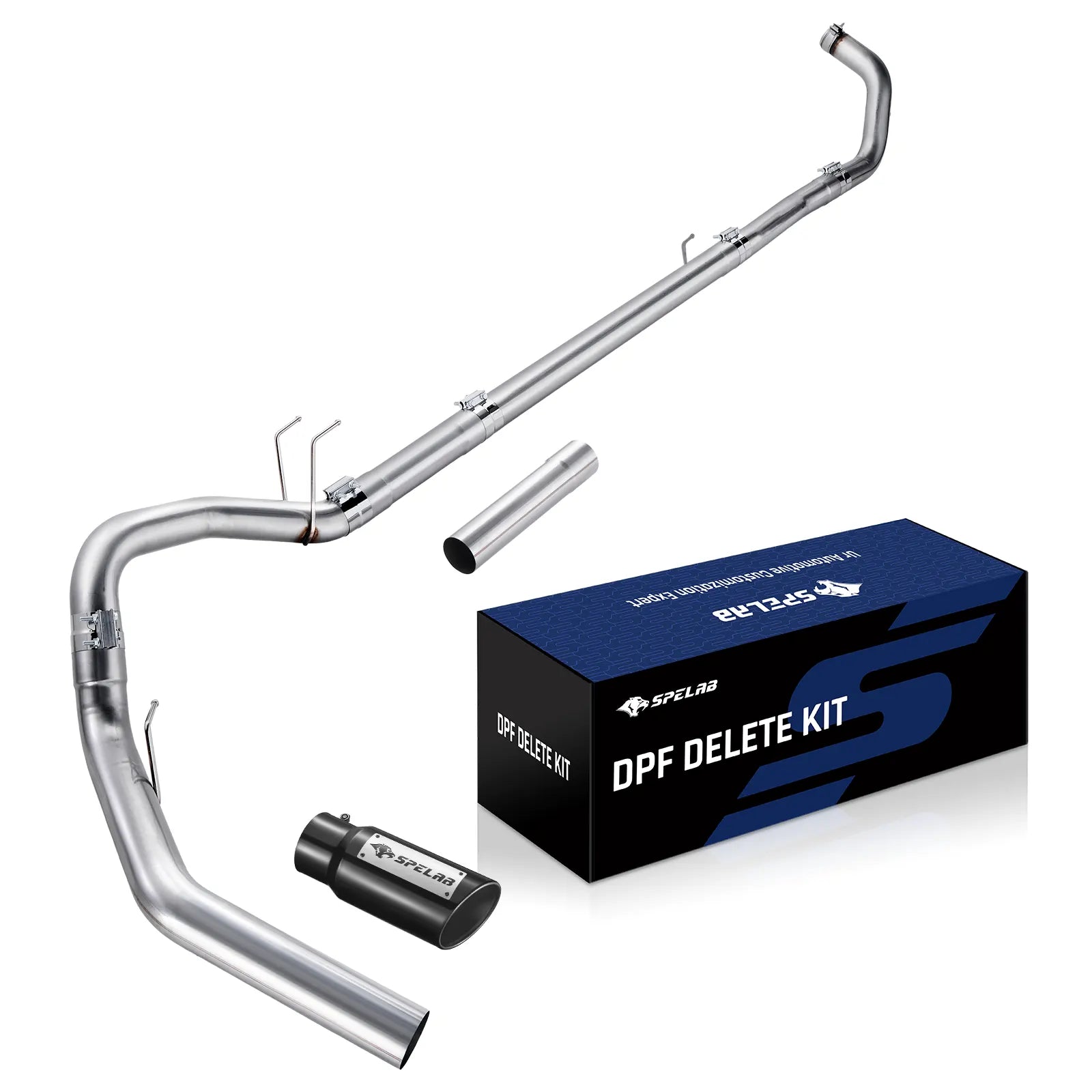 Turbo-back exhaust for 2023-2024 Ford F-250 F-350 6.7L Powerstroke with two mandrel-bent sections, a straight connector, a polished tip, and a black powder-coated tip next to the SPELAB DPF delete box.