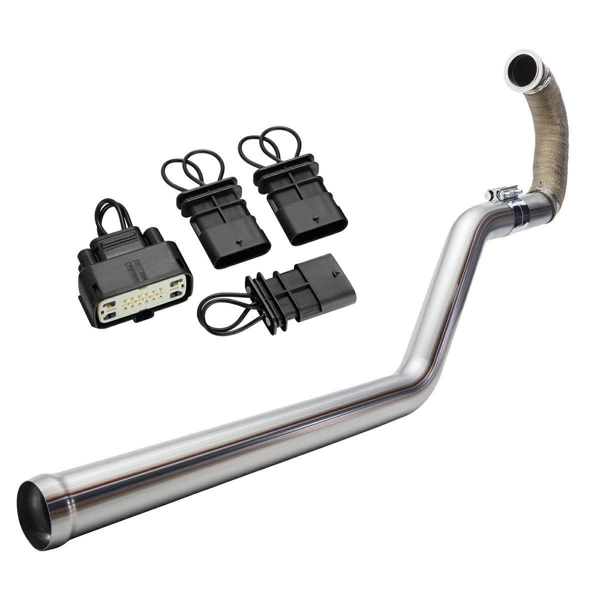SPELAB stainless turbo-back DPF delete pipe with a V-band flange and braided heat-sock section, paired with black CAN bus harness plugs for 2019-2026 Chevy Silverado GMC Sierra 3.0L Duramax LM2.