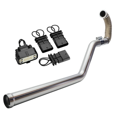 SPELAB stainless turbo-back DPF delete pipe with a V-band flange and braided heat-sock section, paired with black CAN bus harness plugs for 2019-2026 Chevy Silverado GMC Sierra 3.0L Duramax LM2.