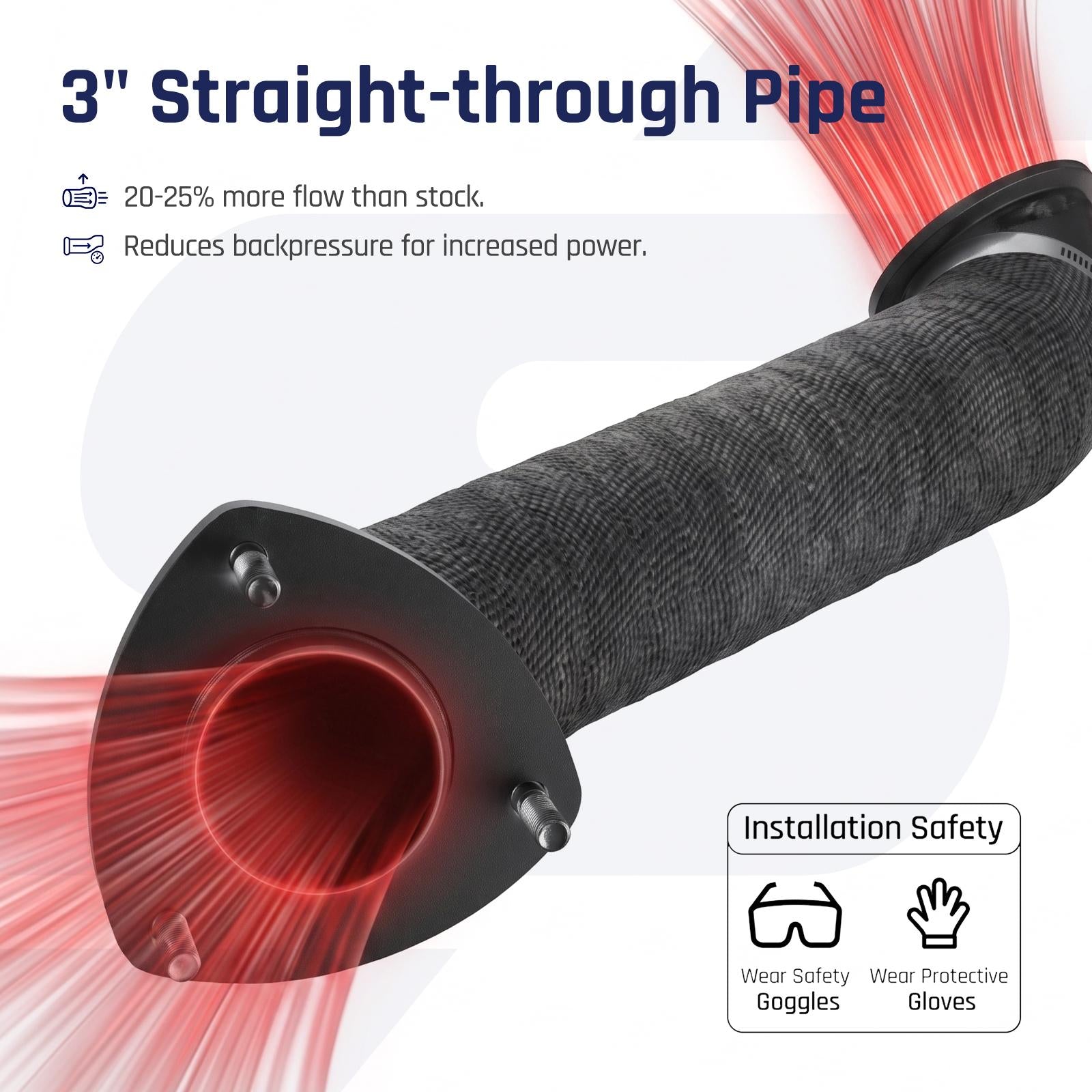 Straight-through 3 inch downpipe in black coating pushing hot exhaust with 20-25 percent more flow and lower backpressure than stock, for 2015.5-2016 Chevrolet Silverado GMC Sierra 6.6L LML Duramax diesel