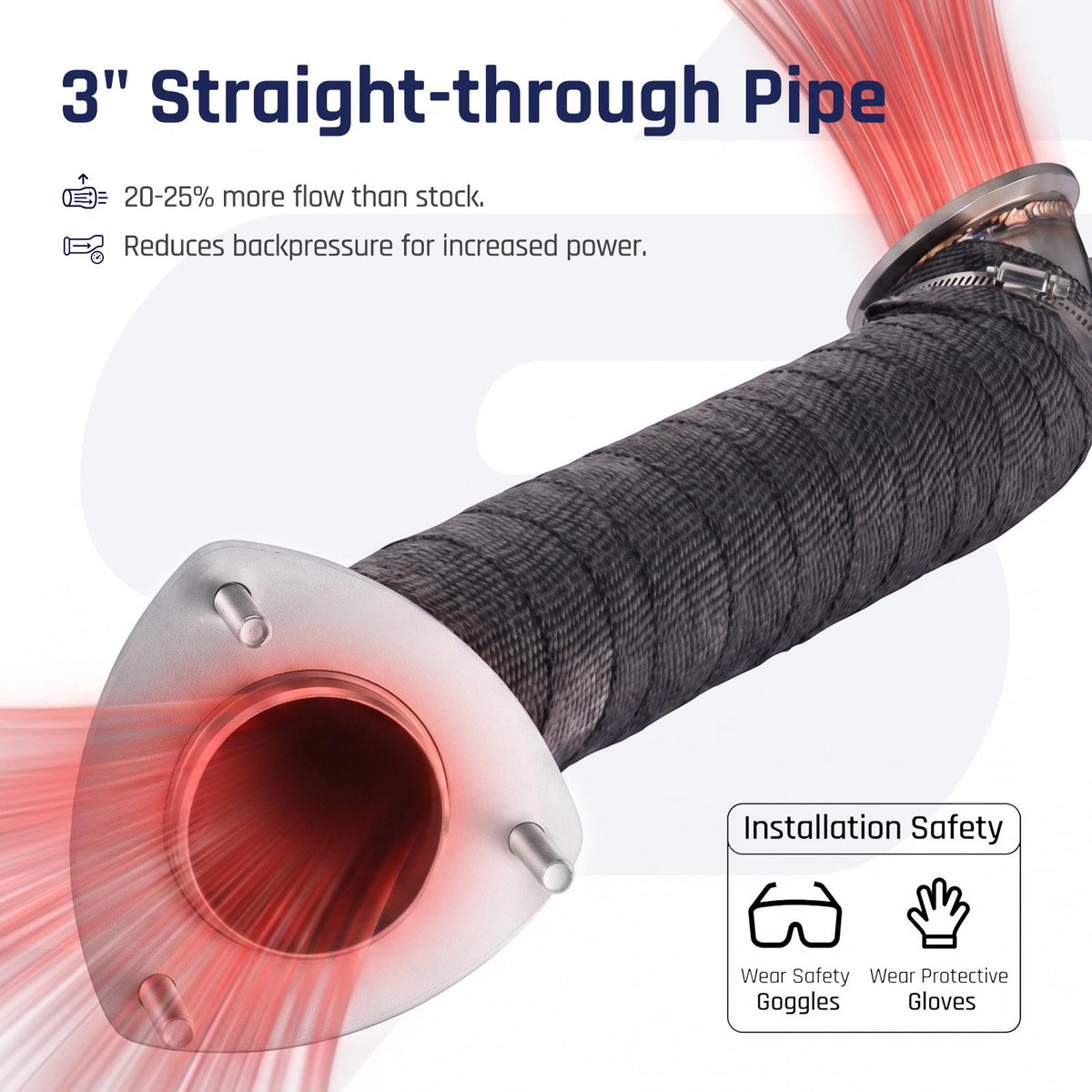 High-flow 3 inch downpipe shown moving exhaust through a straight-through pipe that cuts backpressure and adds 20-25 percent flow over stock, for 2015.5-2016 Chevrolet Silverado GMC Sierra 6.6L LML Duramax diesel