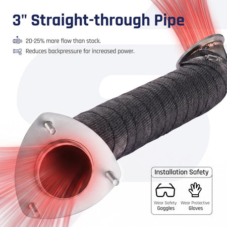 High-flow 3 inch downpipe shown moving exhaust through a straight-through pipe that cuts backpressure and adds 20-25 percent flow over stock, for 2015.5-2016 Chevrolet Silverado GMC Sierra 6.6L LML Duramax diesel