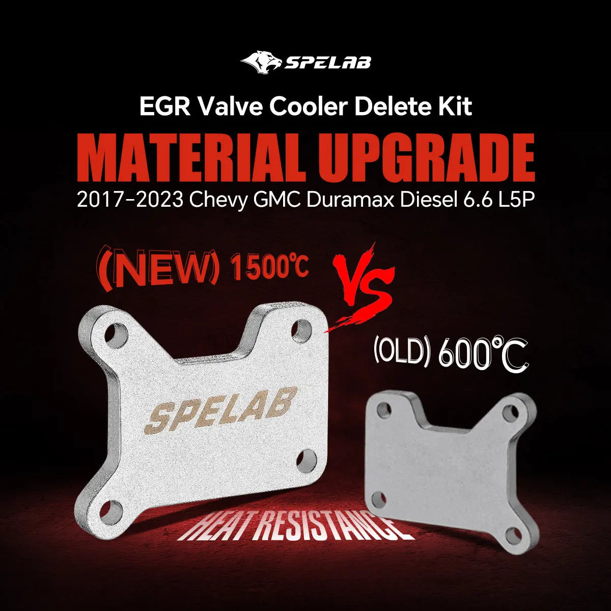 Pair of billet EGR cooler block-off plates for the 2017-2023 Chevy GMC Duramax 6.6L L5P, machined from carbon steel rated for 1500 degrees Celsius heat resistance.