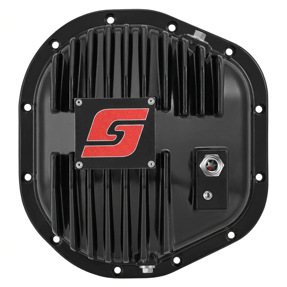 Black gloss cast-aluminum rear differential cover for the Ford 10.25 and 10.5-inch 12-bolt Sterling axle, vertical cooling fins, billet logo plate, and a magnetic fill plug with sight glass