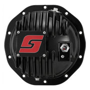 Glossy black cast-aluminum rear differential cover for the GM 8.5 and 8.6-inch 10-bolt axle, vertical cooling fins, logo plate, and a magnetic fill plug with sight window