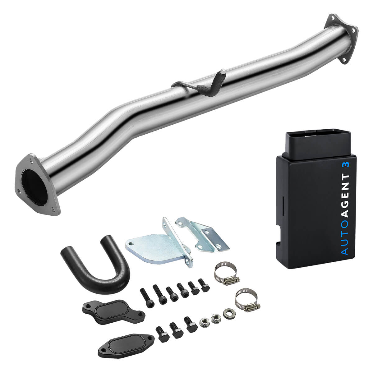 Flanged stainless front DPF delete pipe with ball-joint flex section and EGR block-off plates, EZ LYNK Auto Agent 3 module for 2007.5-2010 GM 6.6L Duramax LMM