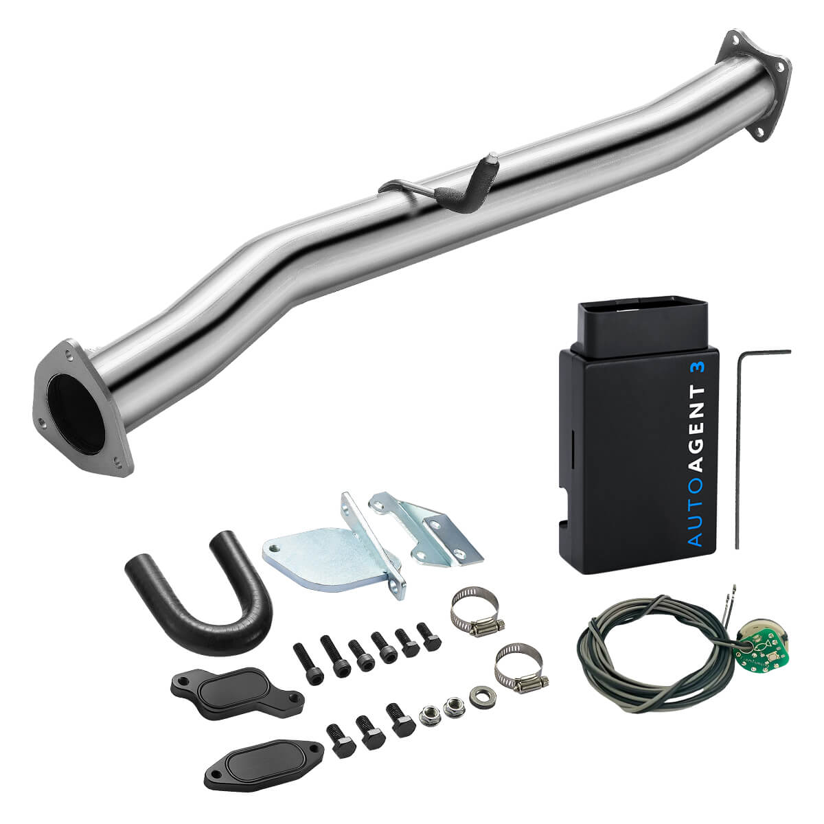 Stainless front DPF delete pipe with ball-joint flex section plus EZ LYNK Auto Agent 3 tuner and EGT sensor splicer wiring for 2007.5-2010 GM 6.6L Duramax LMM