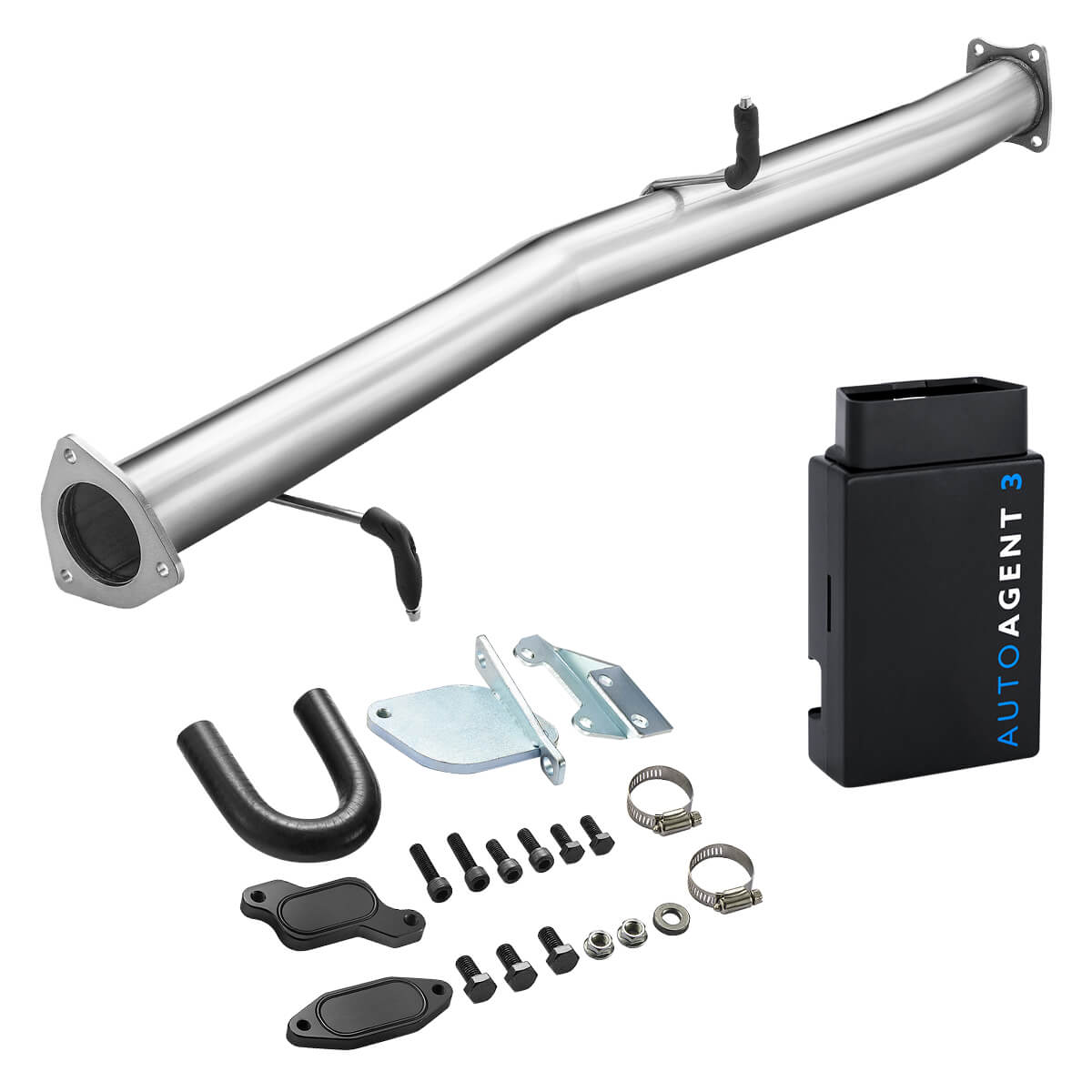 Straight stainless DPF delete pipe with threaded NOx and O2 sensor bungs and block-off plate, EZ LYNK Auto Agent 3 module for 2007.5-2010 GM 6.6L Duramax LMM