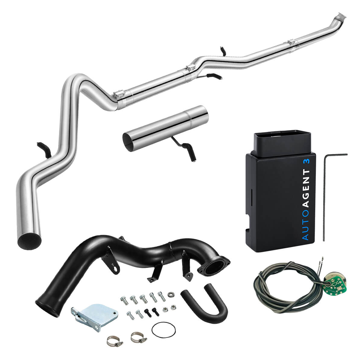 Black EGR delete tube and stainless DPF pipe with back-pressure canister, EZ LYNK Auto Agent 3 tuner and EGT sensor splicer harness for 2007.5-2010 GM 6.6L Duramax LMM