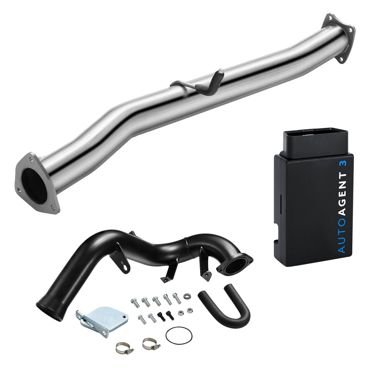 Stainless DPF delete pipe paired with flanged black powder-coated EGR delete tube and gaskets, EZ LYNK Auto Agent 3 tuner for 2007.5-2010 GM 6.6L Duramax LMM