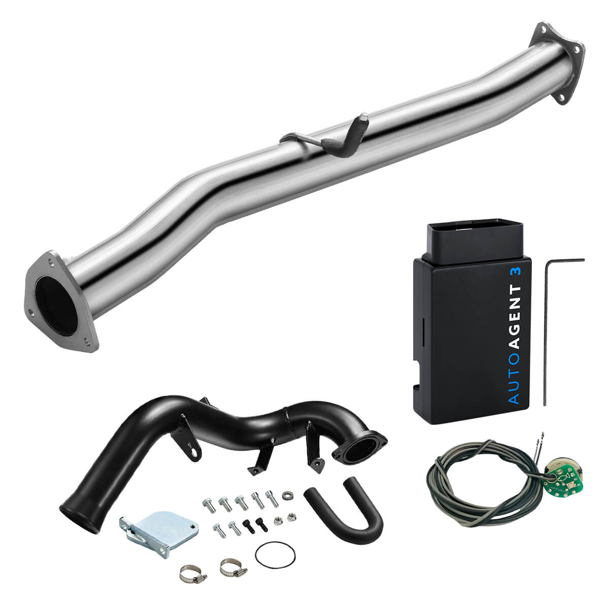 Stainless DPF delete pipe with black EGR delete tube plus EZ LYNK Auto Agent 3 tuner, EGT sensor splicer harness and Allen key for 2007.5-2010 GM 6.6L Duramax LMM