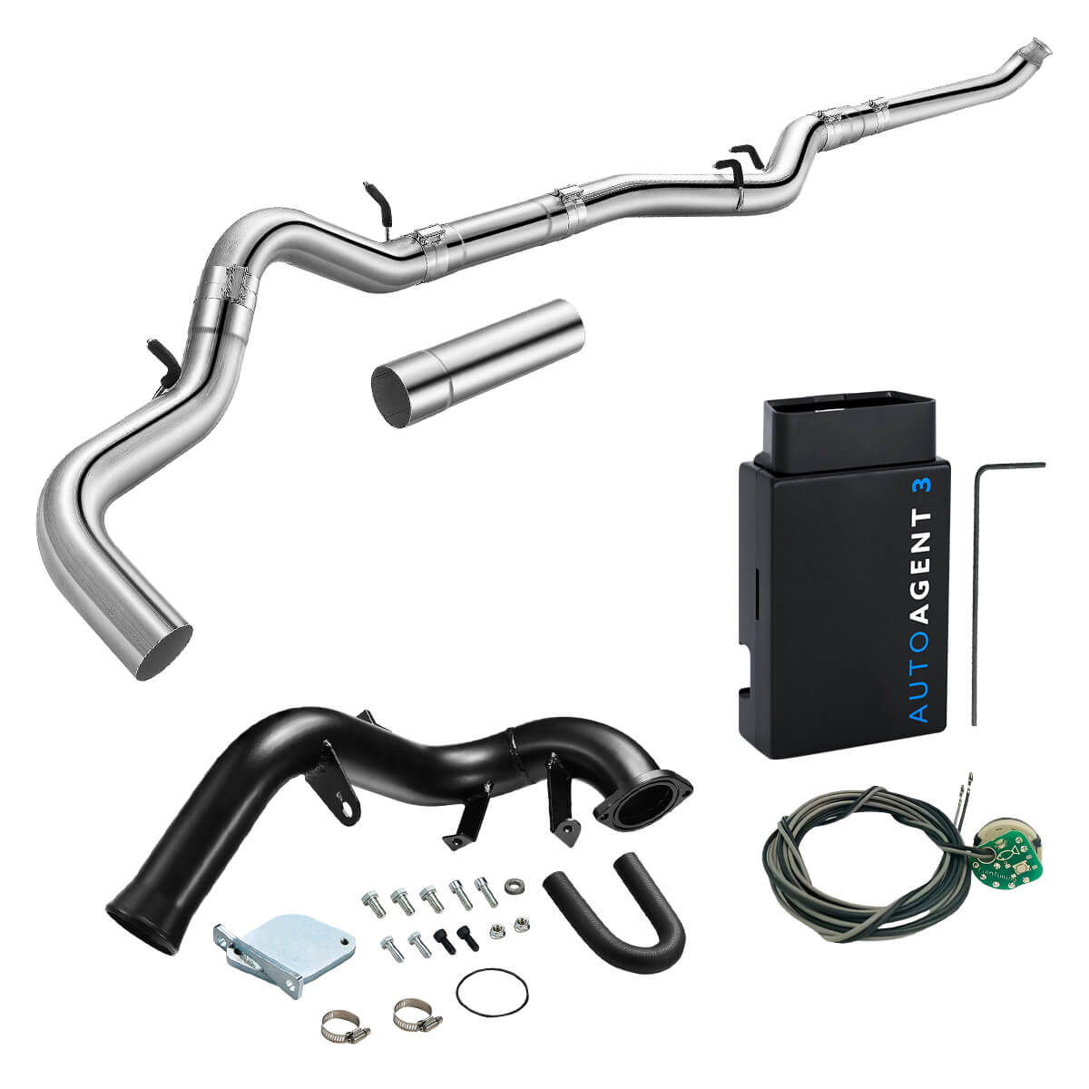 Stainless DPF pipe with V-band clamps and black EGR delete tube plus EZ LYNK Auto Agent 3 tuner and EGT sensor splicer harness for 2007.5-2010 GM 6.6L Duramax LMM