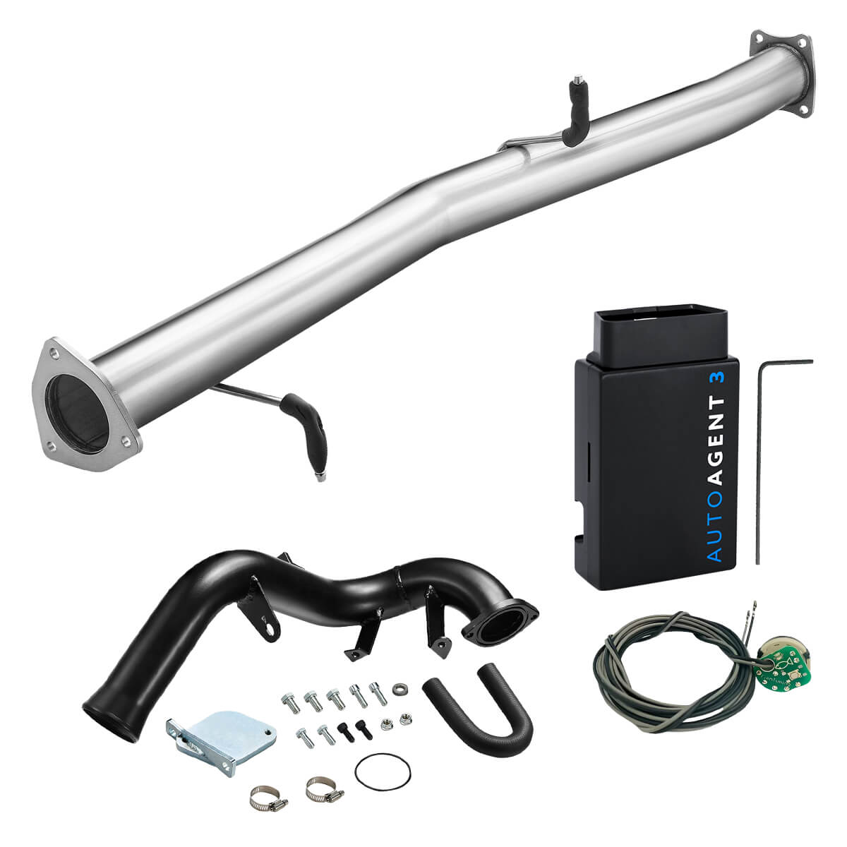 Polished stainless DPF delete pipe with two welded sensor bung mounts, black powder-coated EGR delete tube, EZ LYNK Auto Agent 3 tuner, EGT splicer harness and Allen key for 2007.5-2010 GM 6.6L Duramax LMM