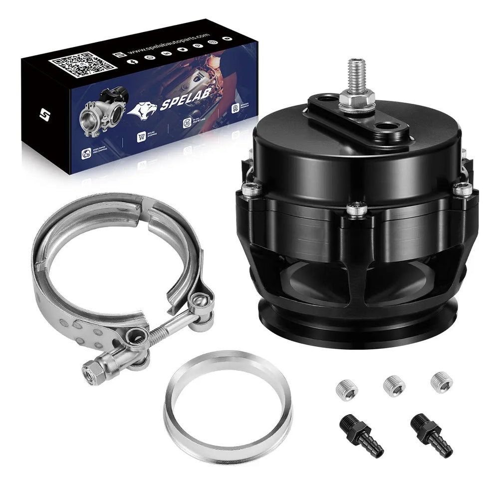 Black SPELAB 4.5-7 PSI adjustable 64mm turbo blow off valve with a V-band clamp, spacer ring, set screws and barbed fittings, packaged with a SPELAB box