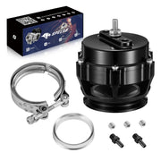 Black SPELAB 4.5-7 PSI adjustable 64mm turbo blow off valve with a V-band clamp, spacer ring, set screws and barbed fittings, packaged with a SPELAB box