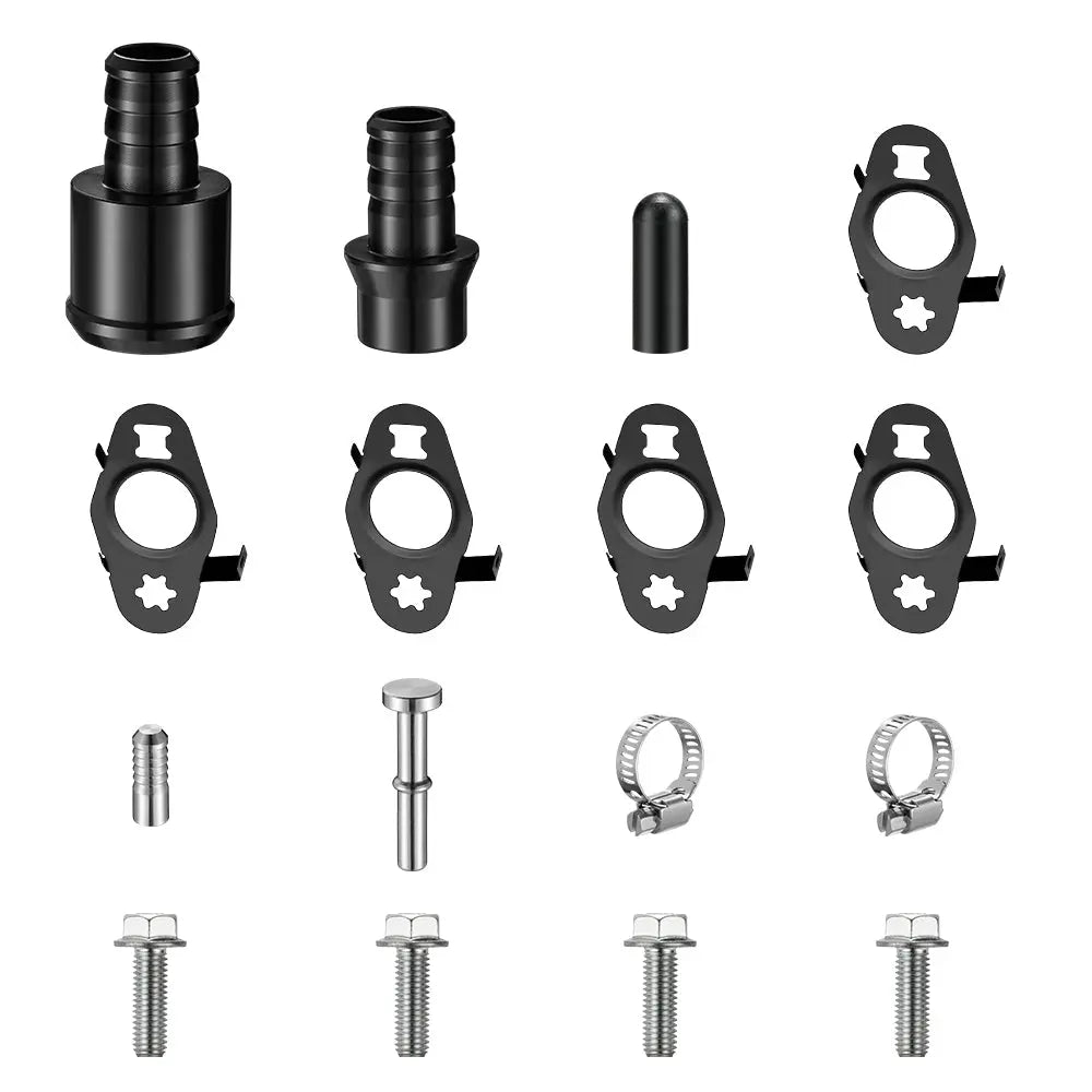 Black anodized coolant line fittings, hose plugs, spring clamps, brass barb adapters and zinc hex bolts from the EGR delete kit for the 2017-2025 6.6L Duramax L5P.