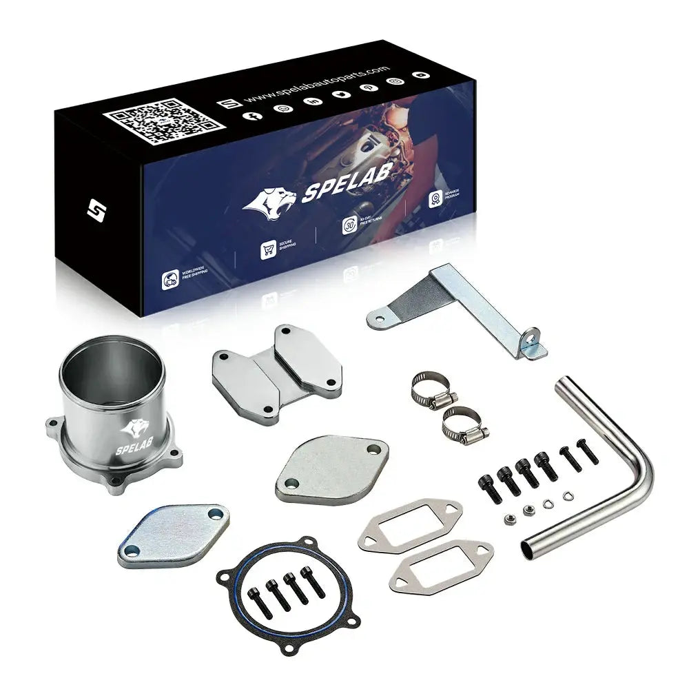SPELAB EGR delete kit for 2007-2009 Dodge Ram 2500 3500 6.7L Cummins, natural aluminum canister, butterfly valve plate, coolant reroute tube, block-off plates, gasket, clamps and hardware with branded box.