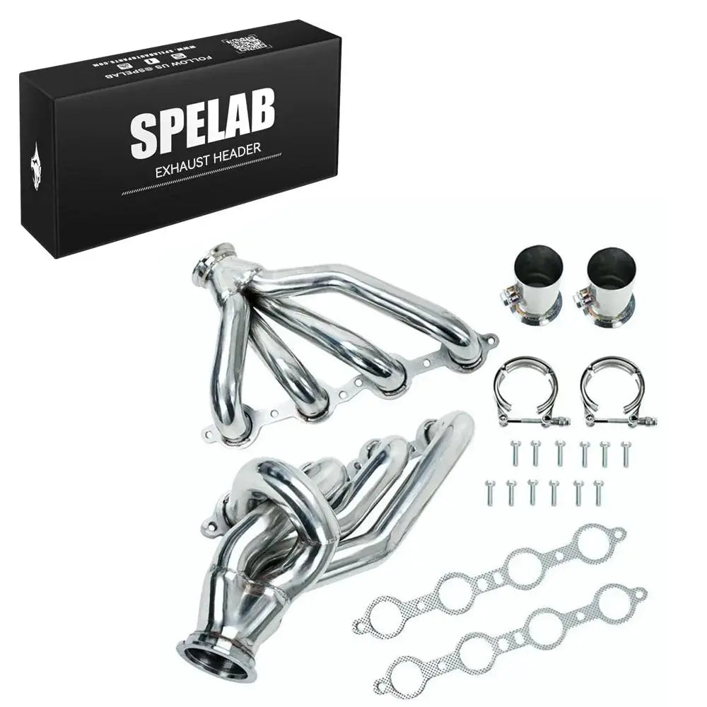 SPELAB pair of mirror-polished stainless 4-in-1 exhaust headers for LS Swap S10 truck SUV with LS1 LS2 LS3 LS6, boxed kit laid out with two O2 sensor bungs, band clamps, header bolts and gaskets