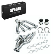 SPELAB pair of mirror-polished stainless 4-in-1 exhaust headers for LS Swap S10 truck SUV with LS1 LS2 LS3 LS6, boxed kit laid out with two O2 sensor bungs, band clamps, header bolts and gaskets