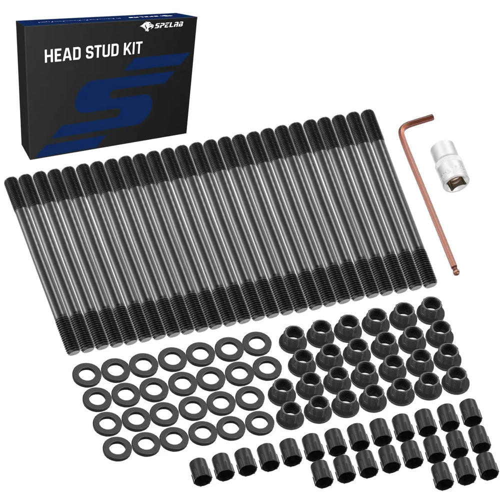 SPELAB head stud kit for 1998.5-2024 Dodge Ram 2500/3500 5.9L and 6.7L 24V Cummins diesel, with studs, washers, flanged nuts and install sockets, shown with the box