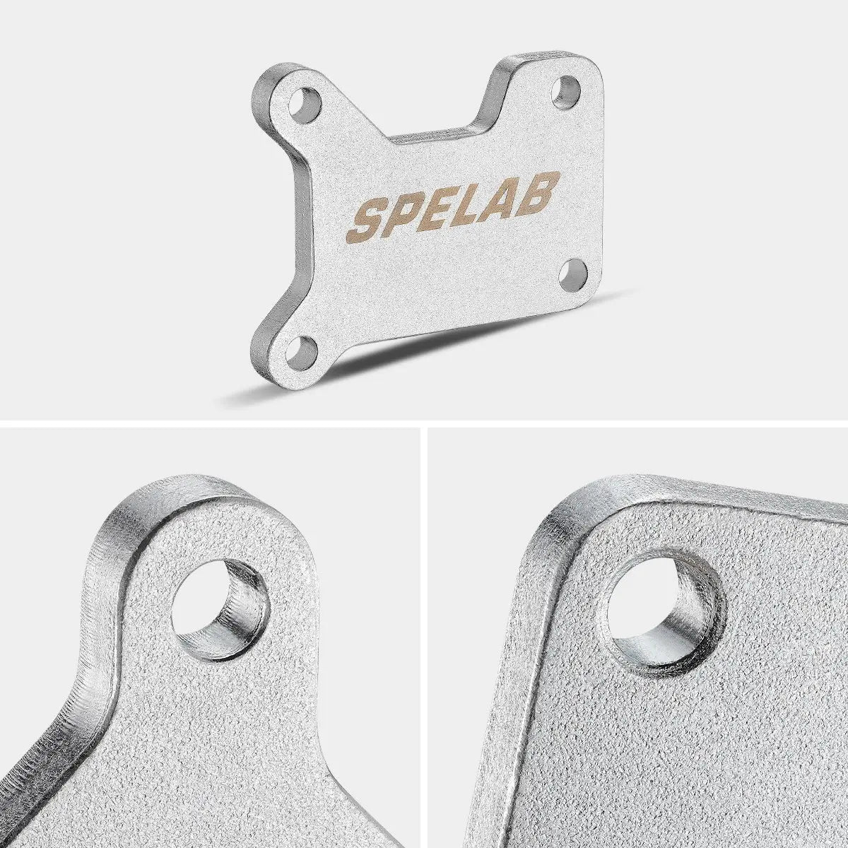 Silver billet aluminum EGR valve block-off plate for the 2017-2025 6.6L Duramax L5P, with four machined bolt holes and an engraved SPELAB logo.