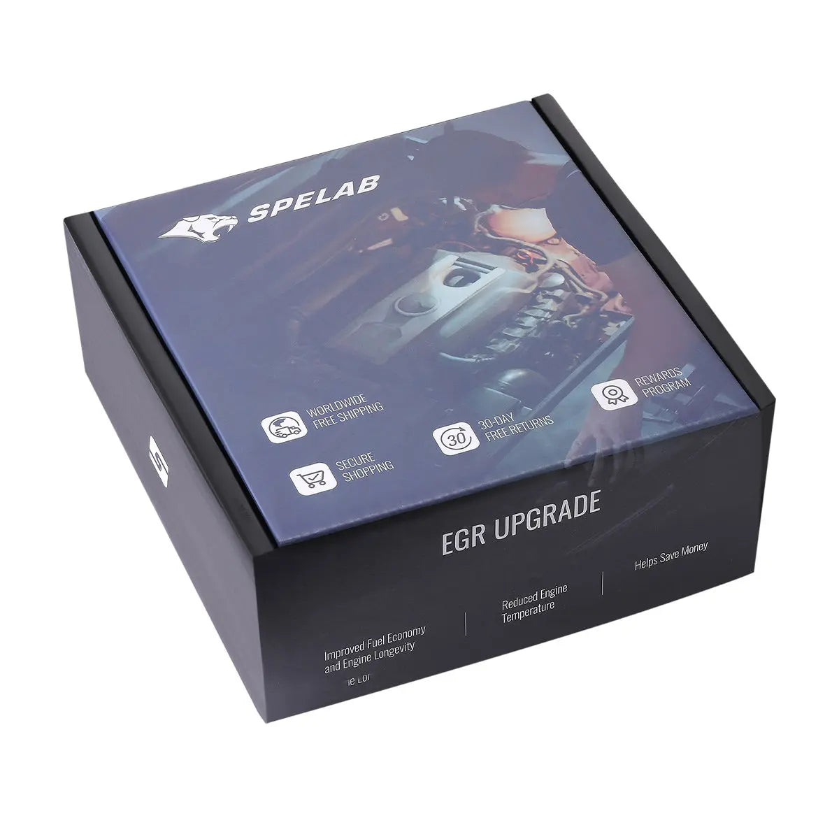 Black and blue SPELAB retail packaging box for the 2017-2025 6.6L Duramax L5P EGR valve cooler delete kit.